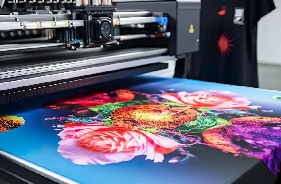 DTF-Drucker druckt ein farbiges Blumenmotiv auf Transferfolie